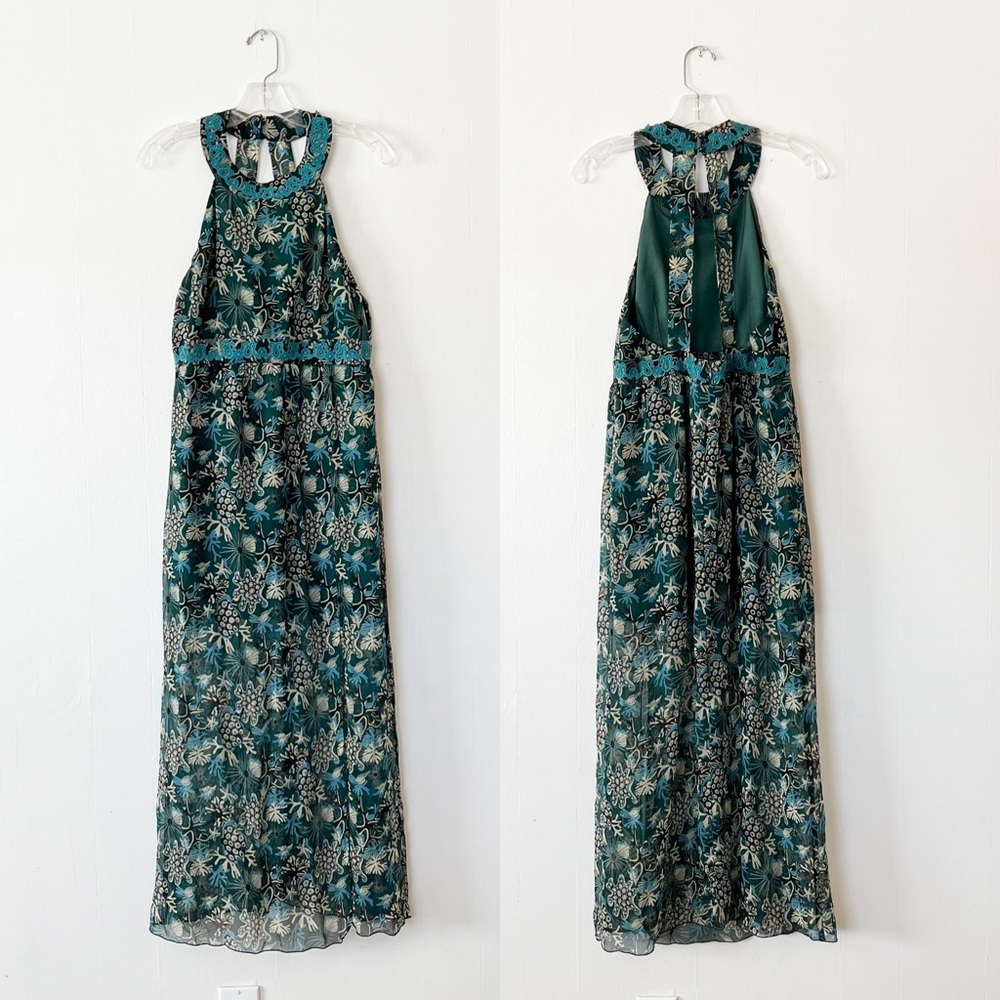 Anna Sui x Free People Coral Star 100% Silk Halter Maxi Dress